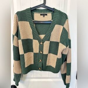 Love Tree Green & Beige Checkered Knit Cardigan Sweater M
